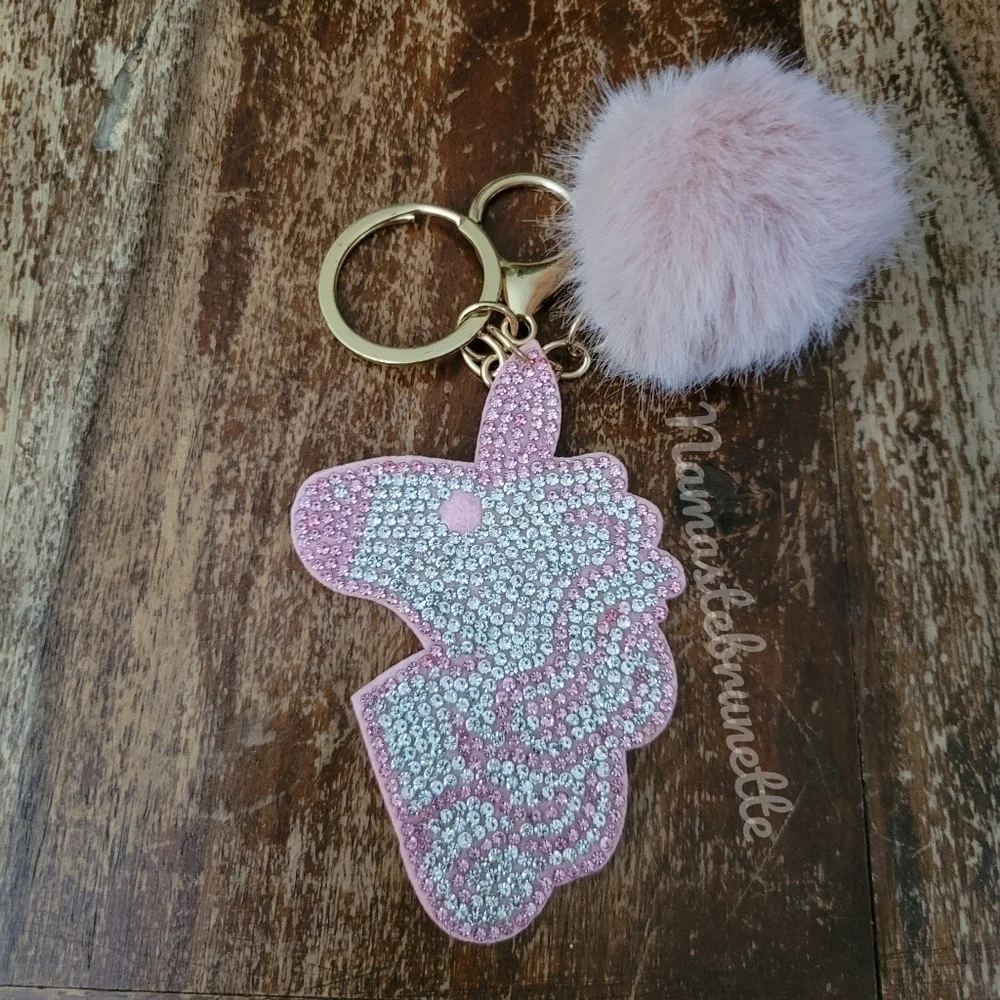 2/$16 Rhinestone Unicorn Pom Pom Keychain Bag Charm